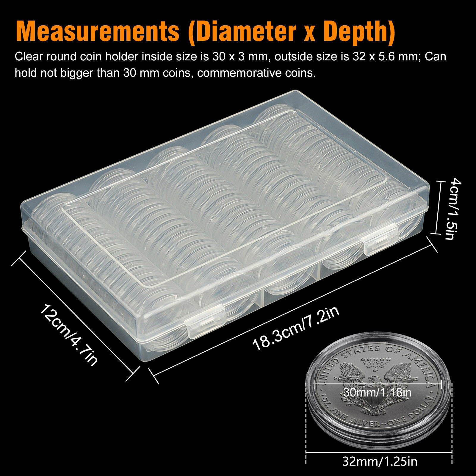 100Pcs 32mm Clear Round Coin Capsule Container Storage Box Holder Case Plastic
