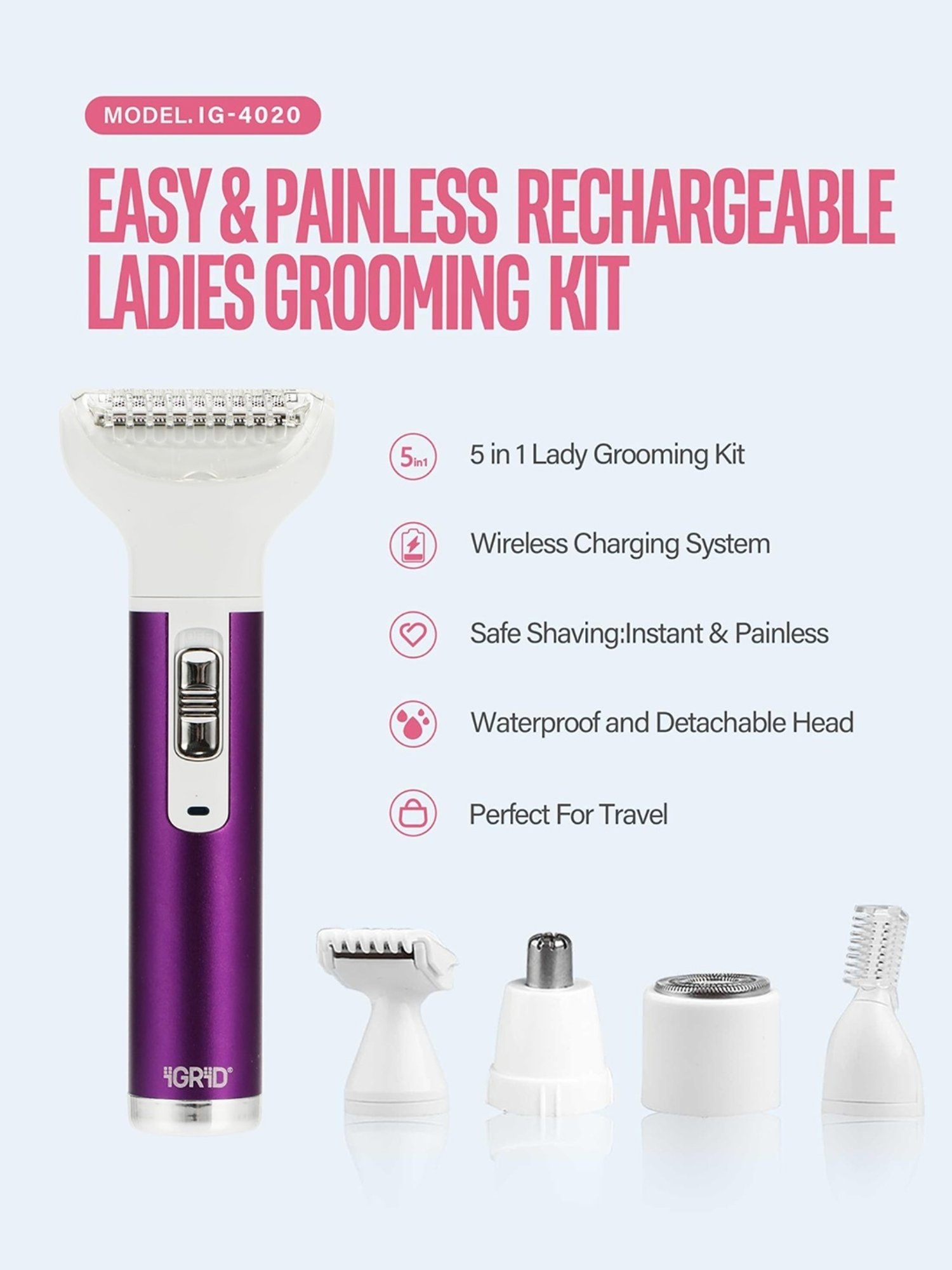 iGRiD IG4020 5-in-1 Electric Trimmer for Women for Eyebrow, Bikini, Underarm Hair Remover (Purple)