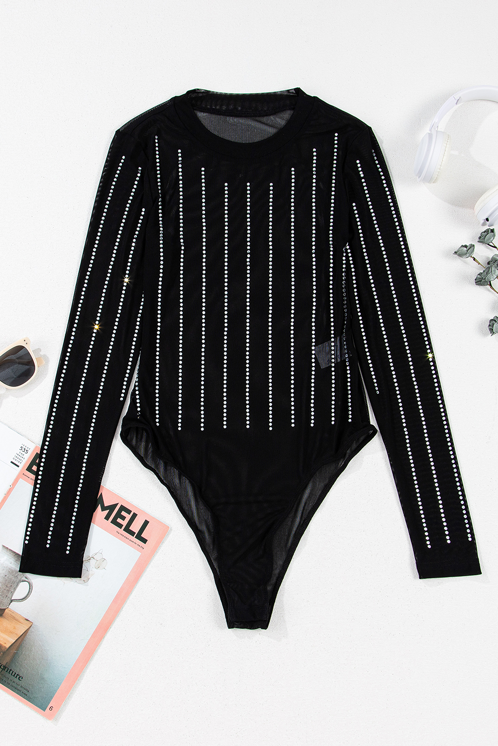 Rose Red Rhinestone Mesh Long Sleeve Bodysuit
