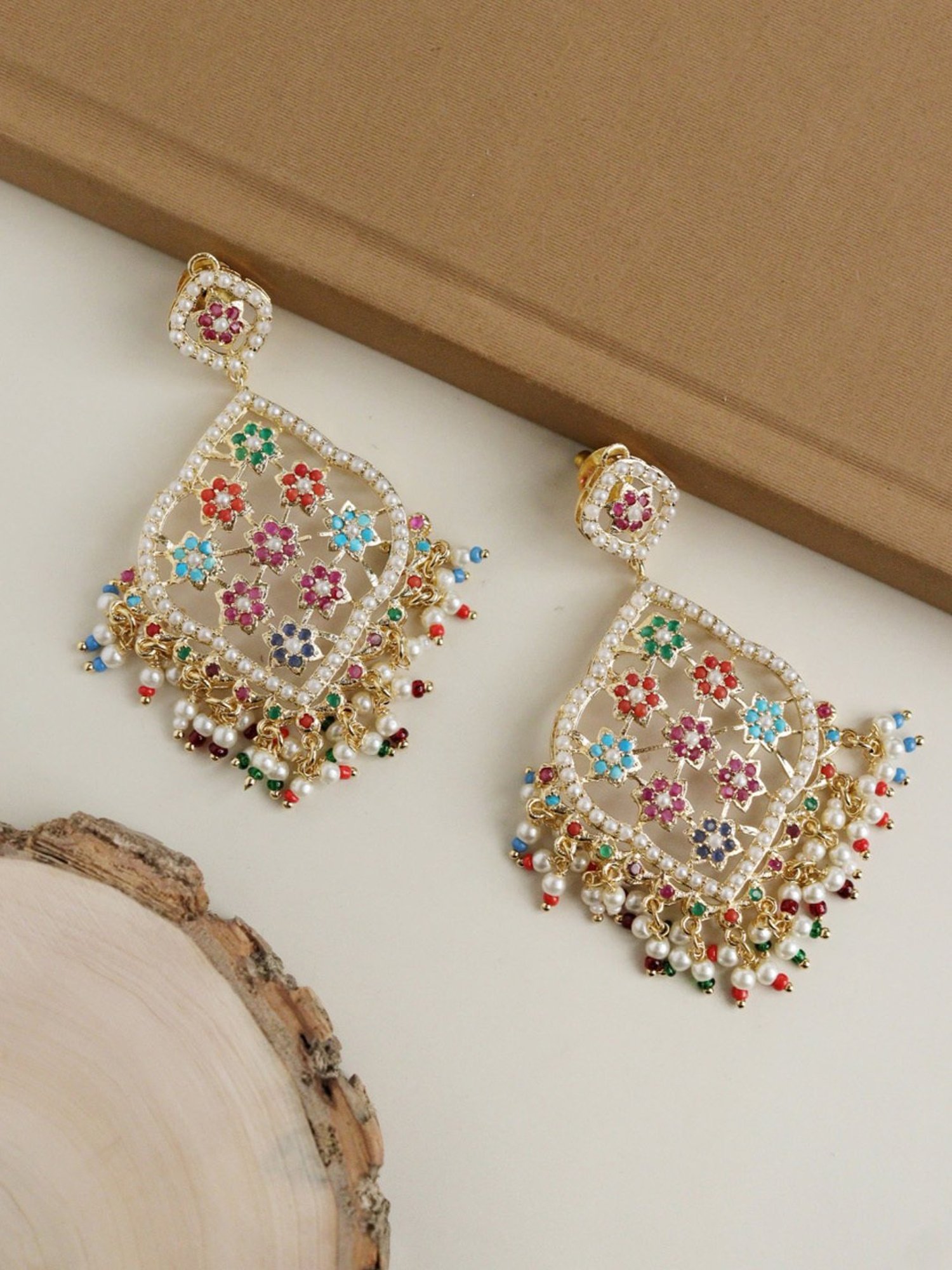 Curio Cottage Bridal Navratan Dangler Earrings
