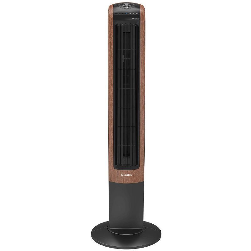 Lasko T42905 42 Inch 3-Speed Wind Curve Woodgrain Electric Slim Tall Standing Oscillating Tower Fan with Bluetooth Control and 7-Hour Timer