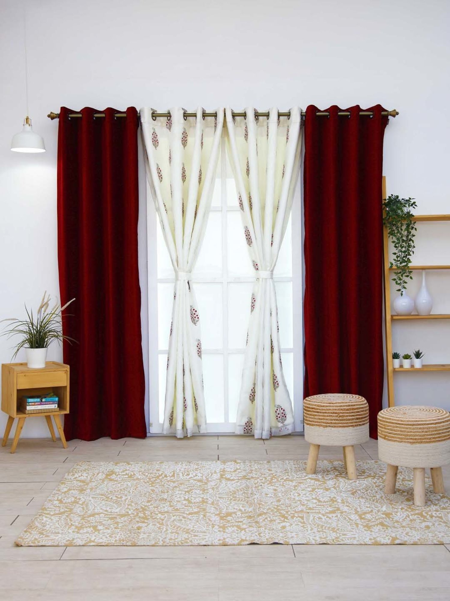 Ariana Siroi Sheer with Quince Combo Red & Off-White Polyester 7 Ft. Door Curtain - Set of 4