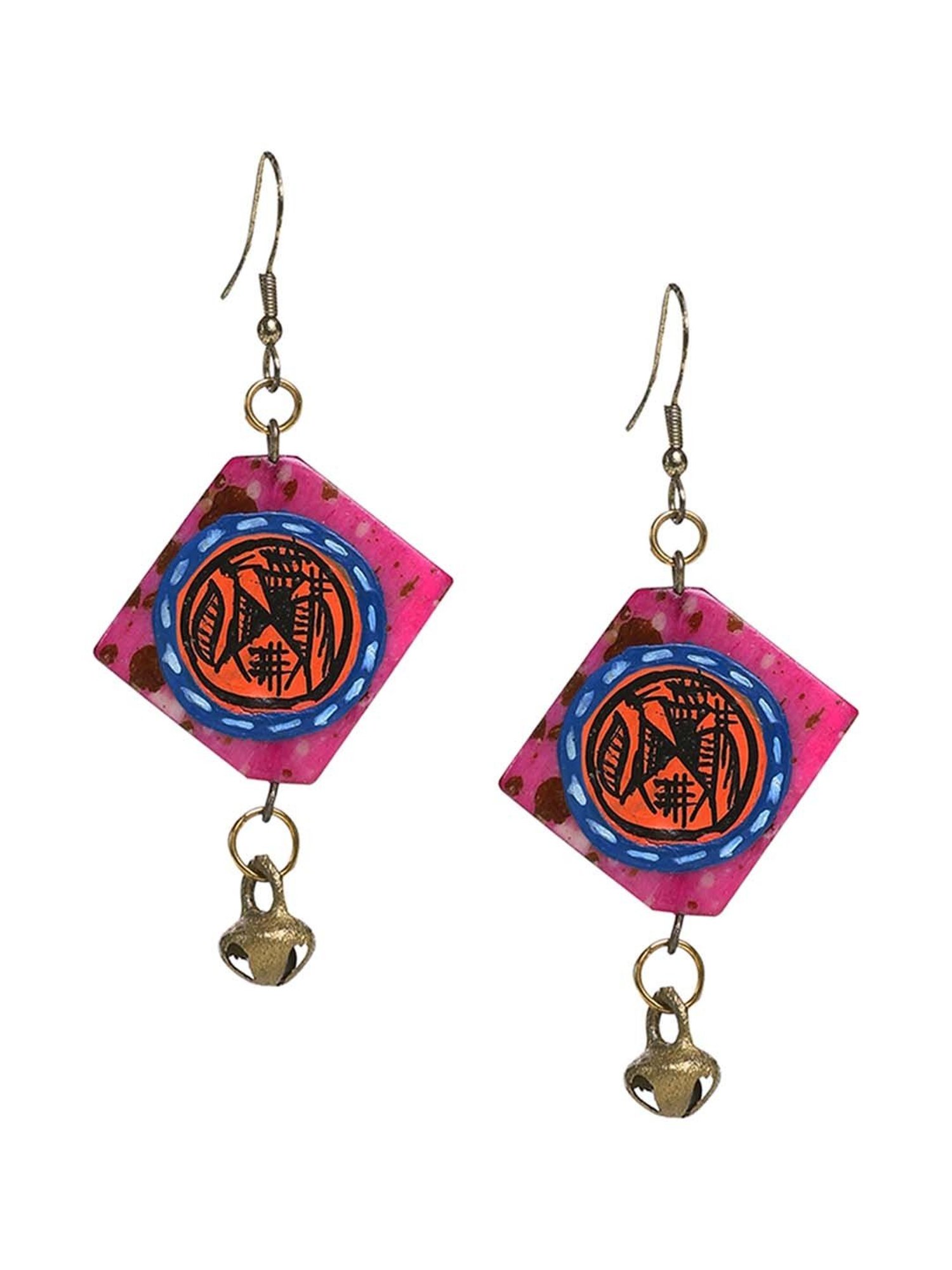 ExclusiveLane 'Tribal Warli Squares' Punch Pink & Orange Resin Brass Earrings in Warli Art