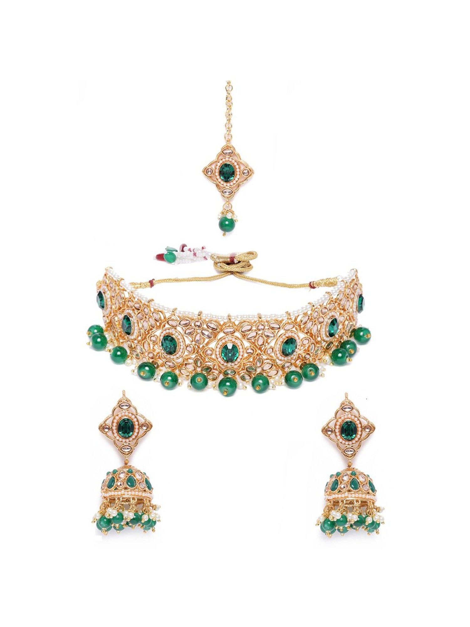 Zaveri Pearls Green Stones & Beads Wedding Collection Necklace Earring & Maangtikka Set-ZPFK10165