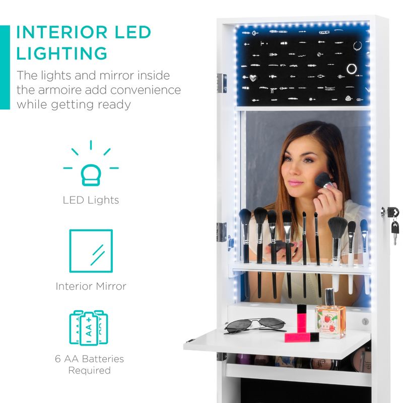 Best Choice Products Hanging Mirror Jewelry Armoire Cabinet for Door or Wall Mount w/ LED Lights, Cosmetics Tray, Lock