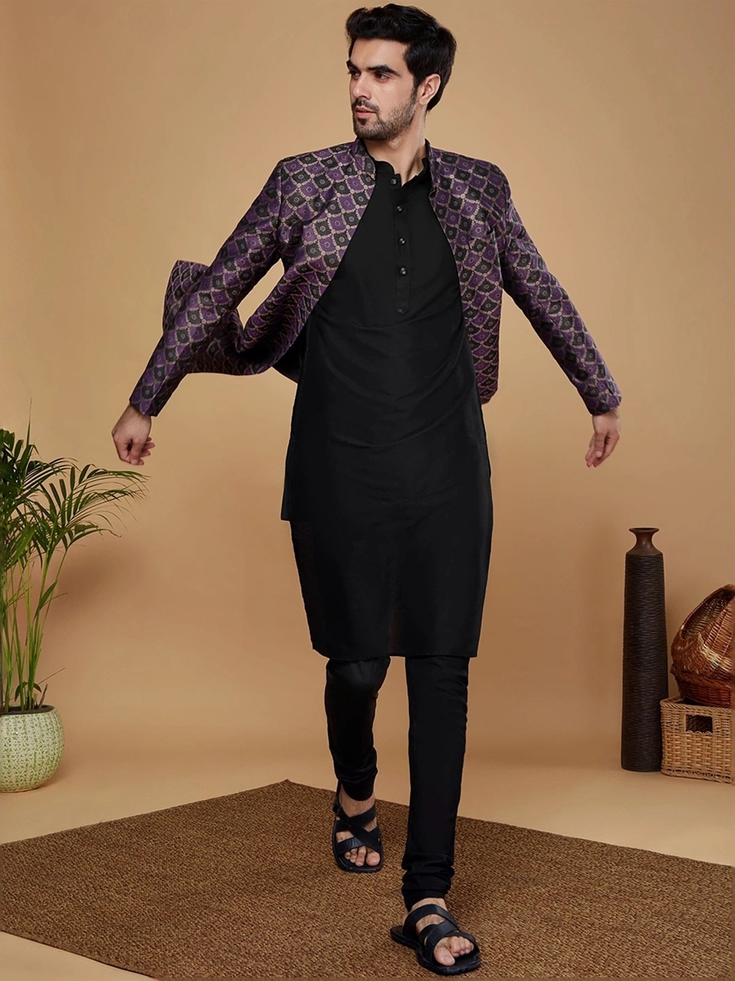 Hangup Plus Beige & Black Regular Fit Printed Sherwani Set