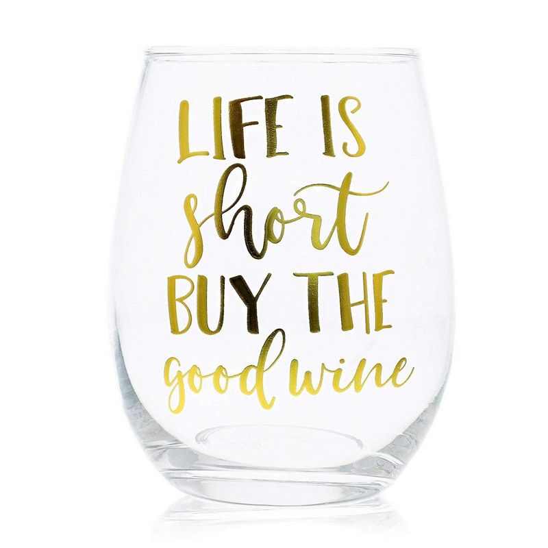 Juvale 4 Pack Stemless 18 Oz Wine Glasses with Sayings, 4 Assorted Gold Foil Designs