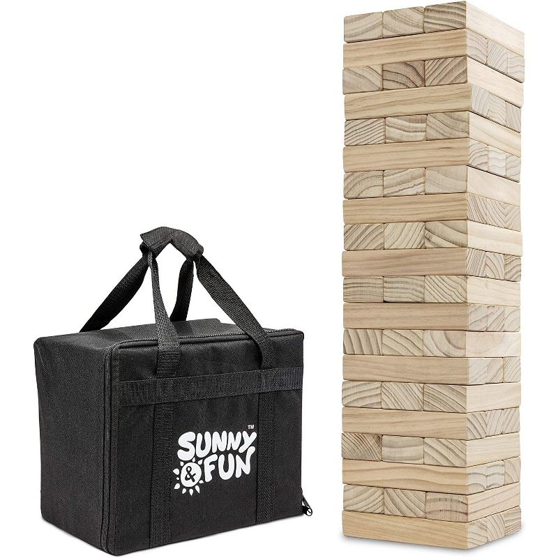 Sunny & Fun Giant Tumbling Tower | 60 Piece Set Oversized Wooden Toppling Blocks | Indoor & Outdoor Stacking Yard Game for Adults & Kids | Great for Party Lawn Backyard | w/ Storage Carry Bag