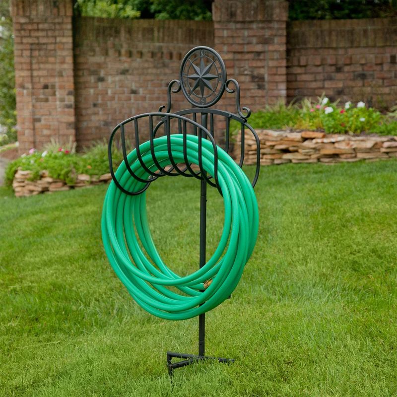 Liberty Garden Decorative Manger Style Water Hose Stand Holder Hanger with Compass Top for Backyard with Heavy Duty 3 Prong Anchor Support, Black
