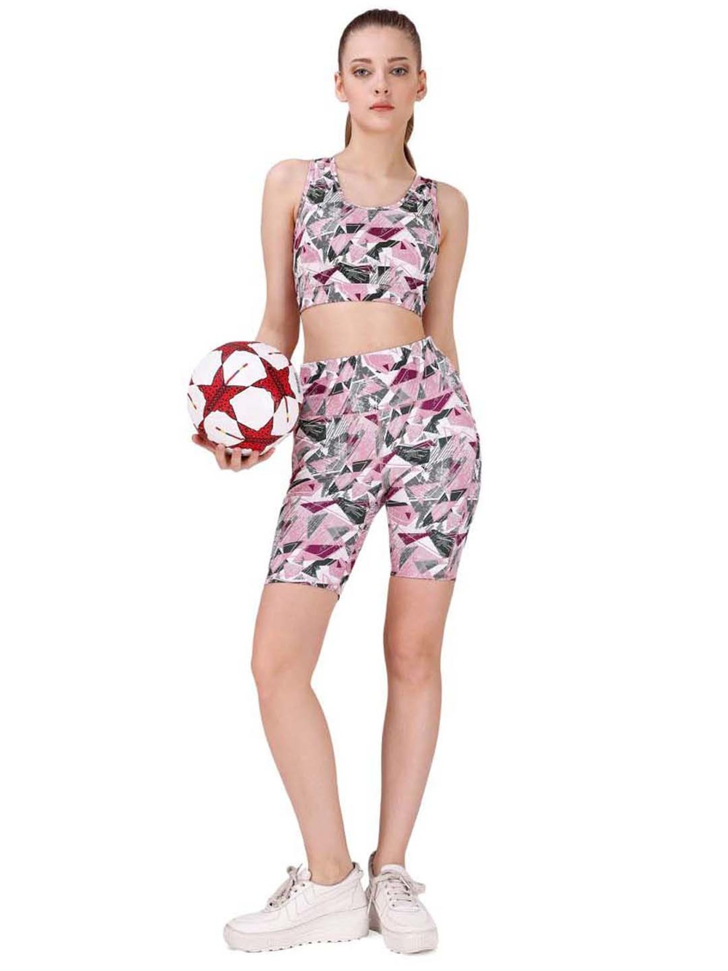 Soie Pink & Grey Printed Sports Bra Shorts Set