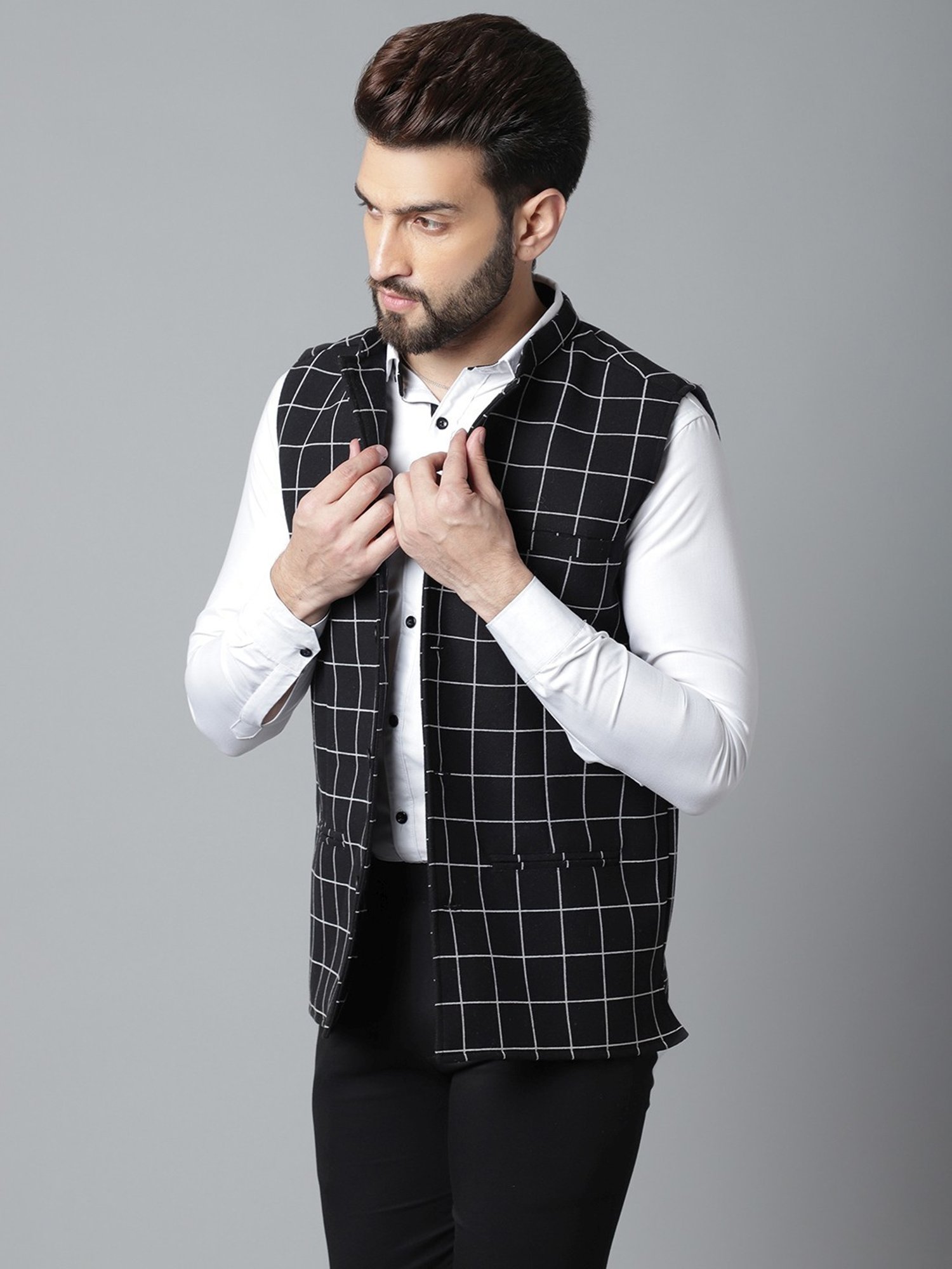 Even Black Regular Fit Checks Nehru Jacket