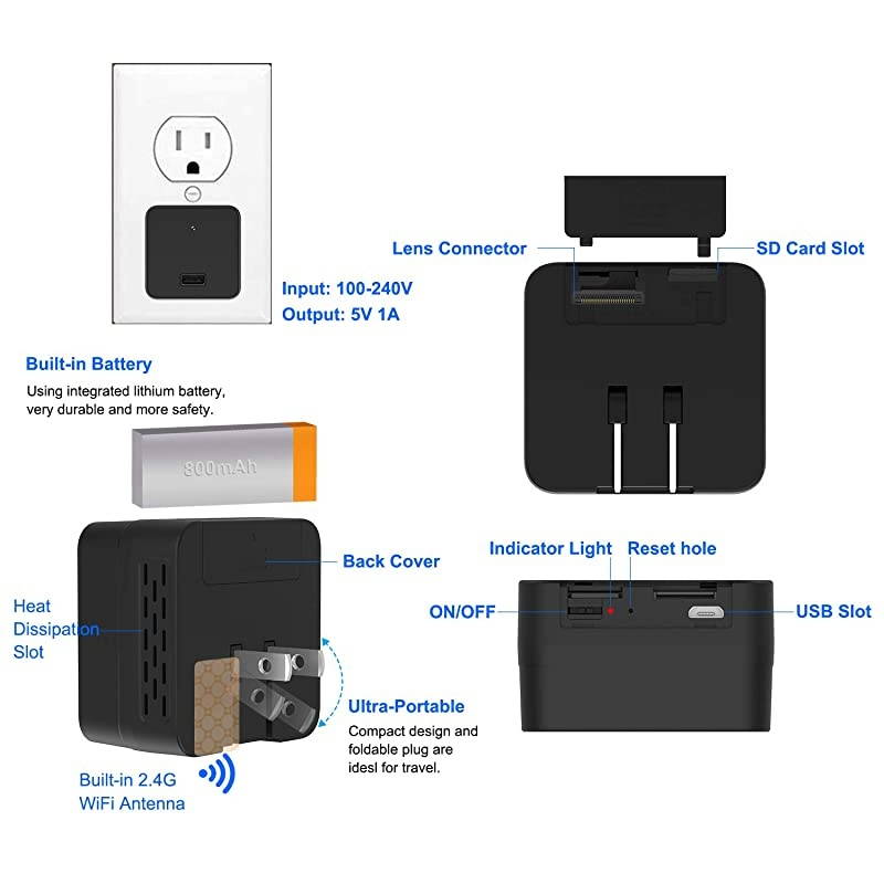 Mini Camera Charger Small Camera Adapter 1080P USB Charger Cameras Nanny Cam Home Surveillance Camera with Night VisionInterchangeable Lens Optional