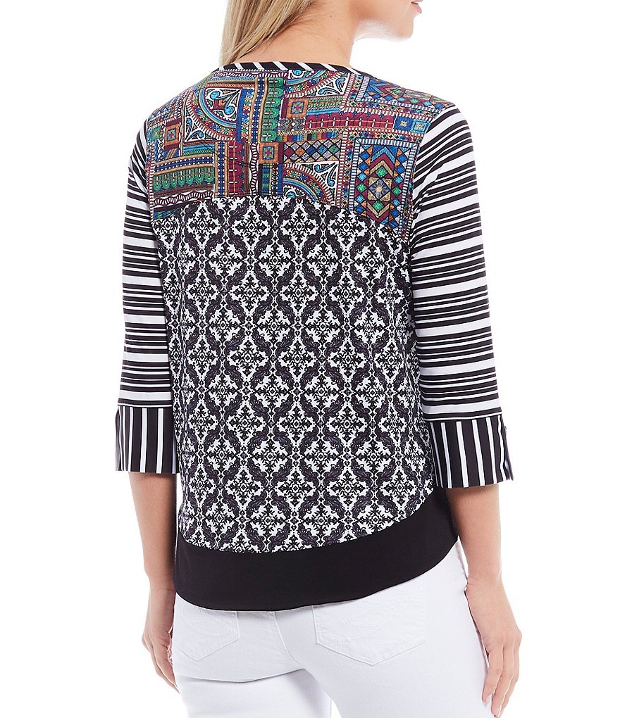 Multiples Petite Size Mixed Print 3/4 Sleeve Hi-Low Knit Top