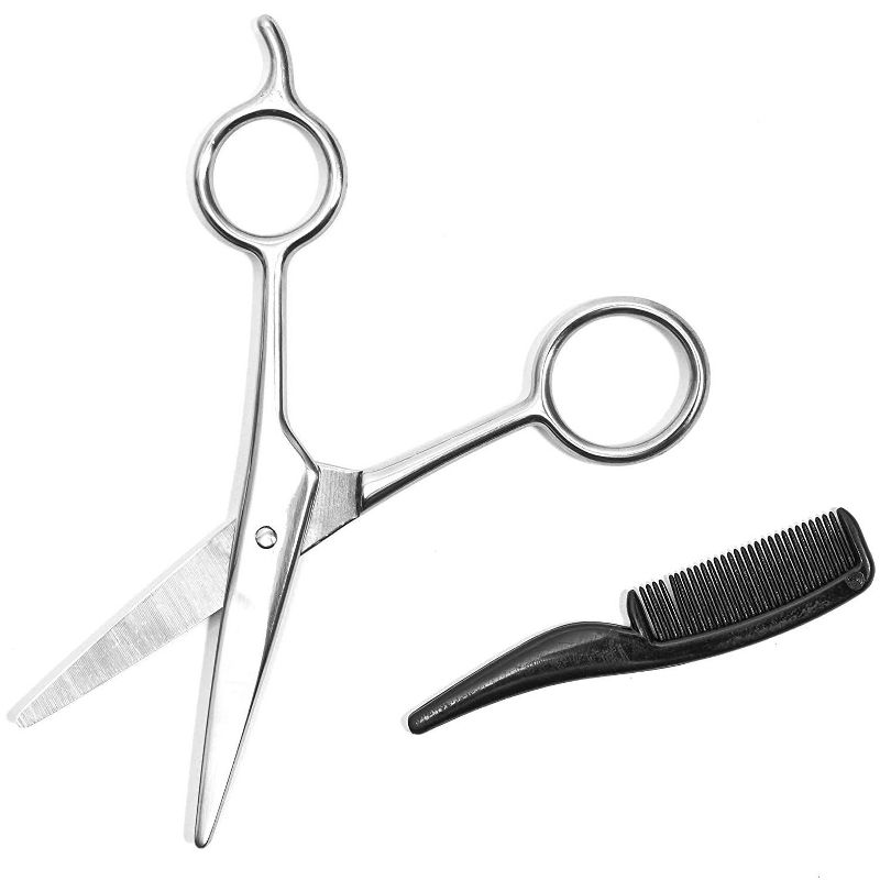 Glamlily 3 Piece Mustache Scissors and Comb Set, Black Facial Hair Kit with PU Pouch