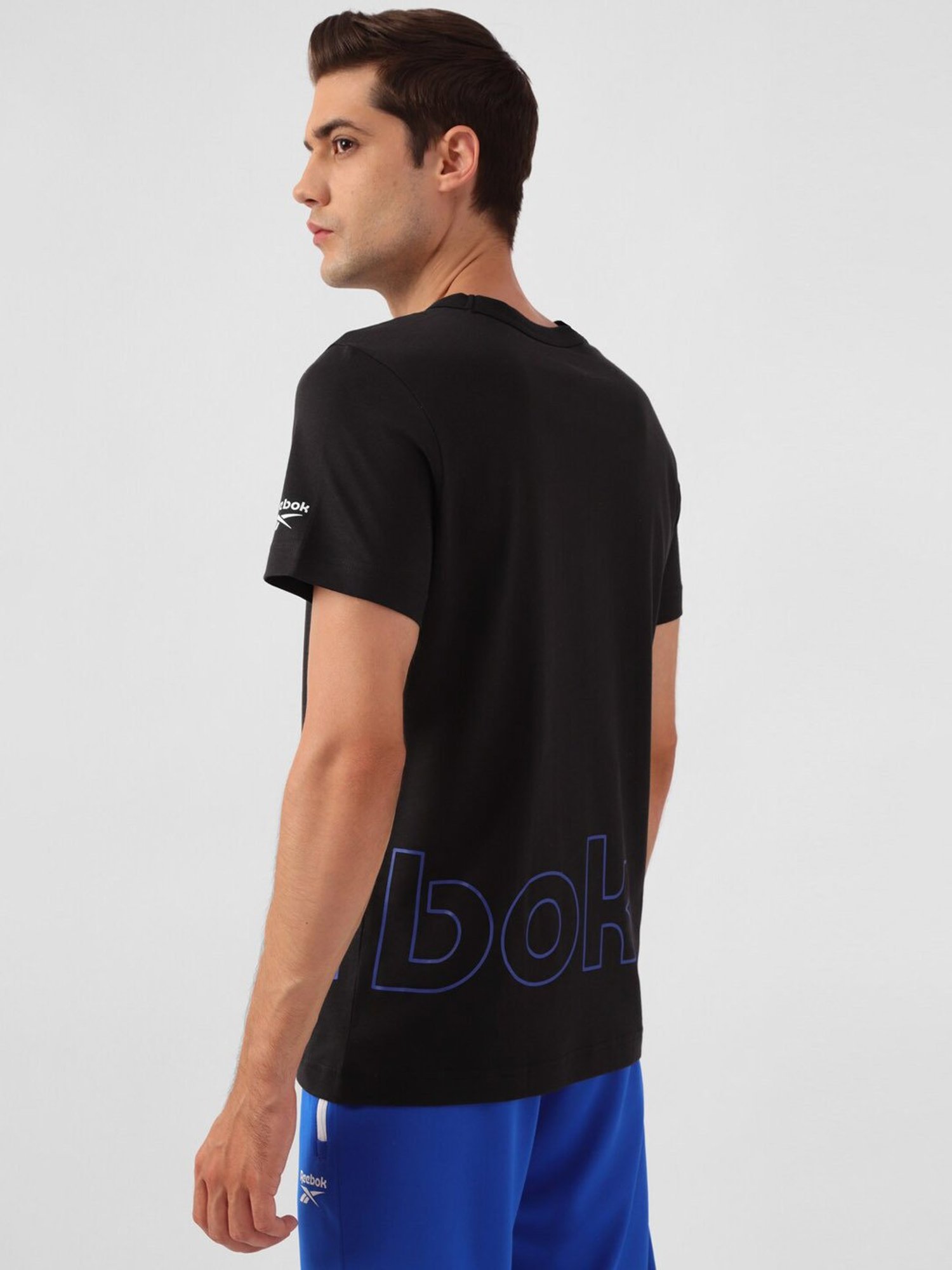 Reebok Black Cotton Slim Fit Printed Training Sports T-Shirt