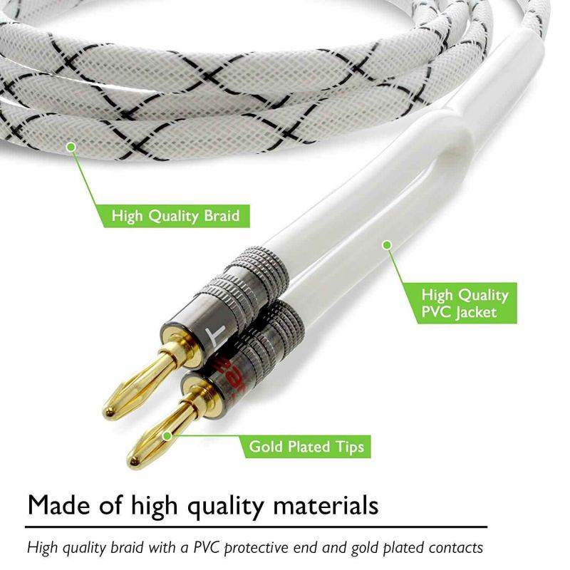 GearIT 14AWG Premium Heavy Duty Braided Speaker Wire (10 Feet) with Dual Gold Plated Banana Plug Tips - Oxygen-Free Copper (OFC) Construction, White