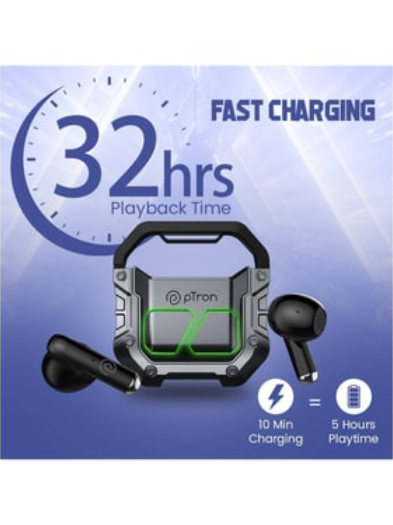 PTron Bassbuds Xtreme Bluetooth Truly Wireless Earbuds with Mic, 32 Hours Playtime (Grey/Black)