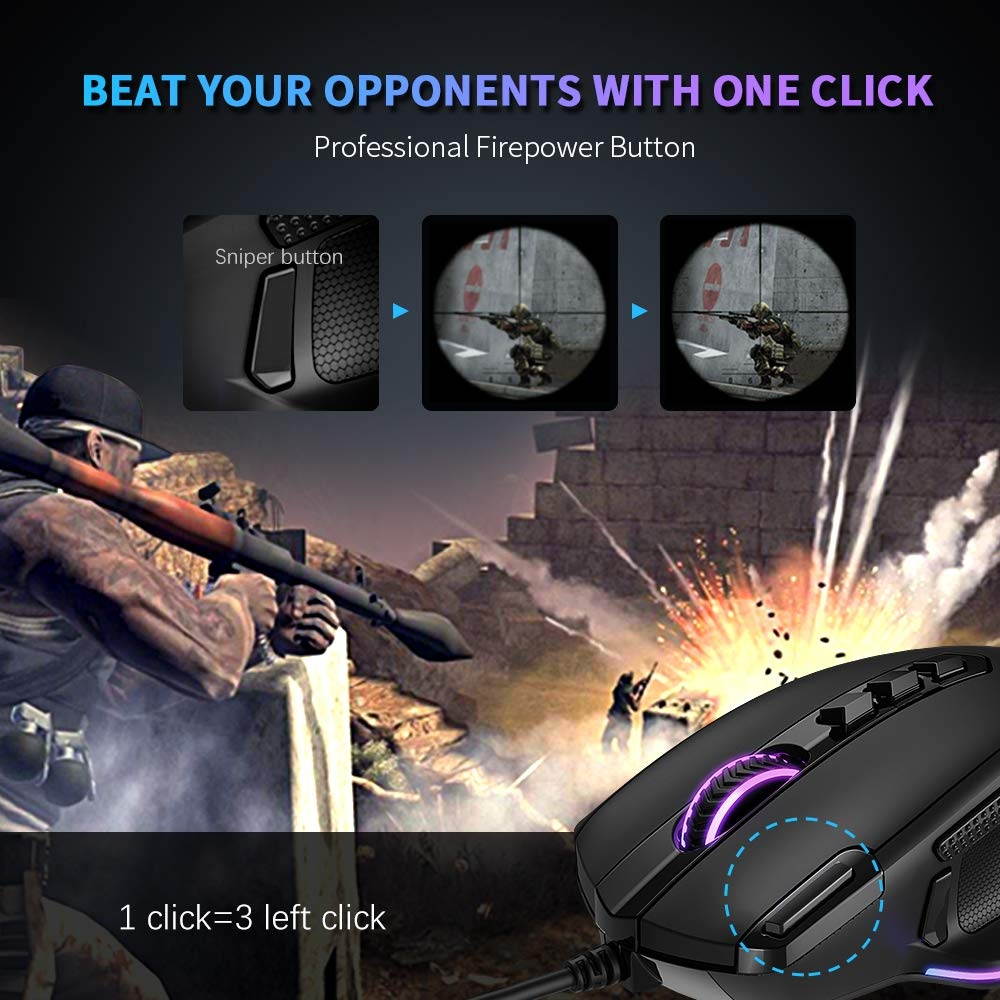 TECKNET Gaming Mouse Wired 10000DPI Breathing Light Ergonomic Gaming Mouse RGB LED Backlit Computer Mice10 Buttons for Windows 7/8/10/XP VistaBlack