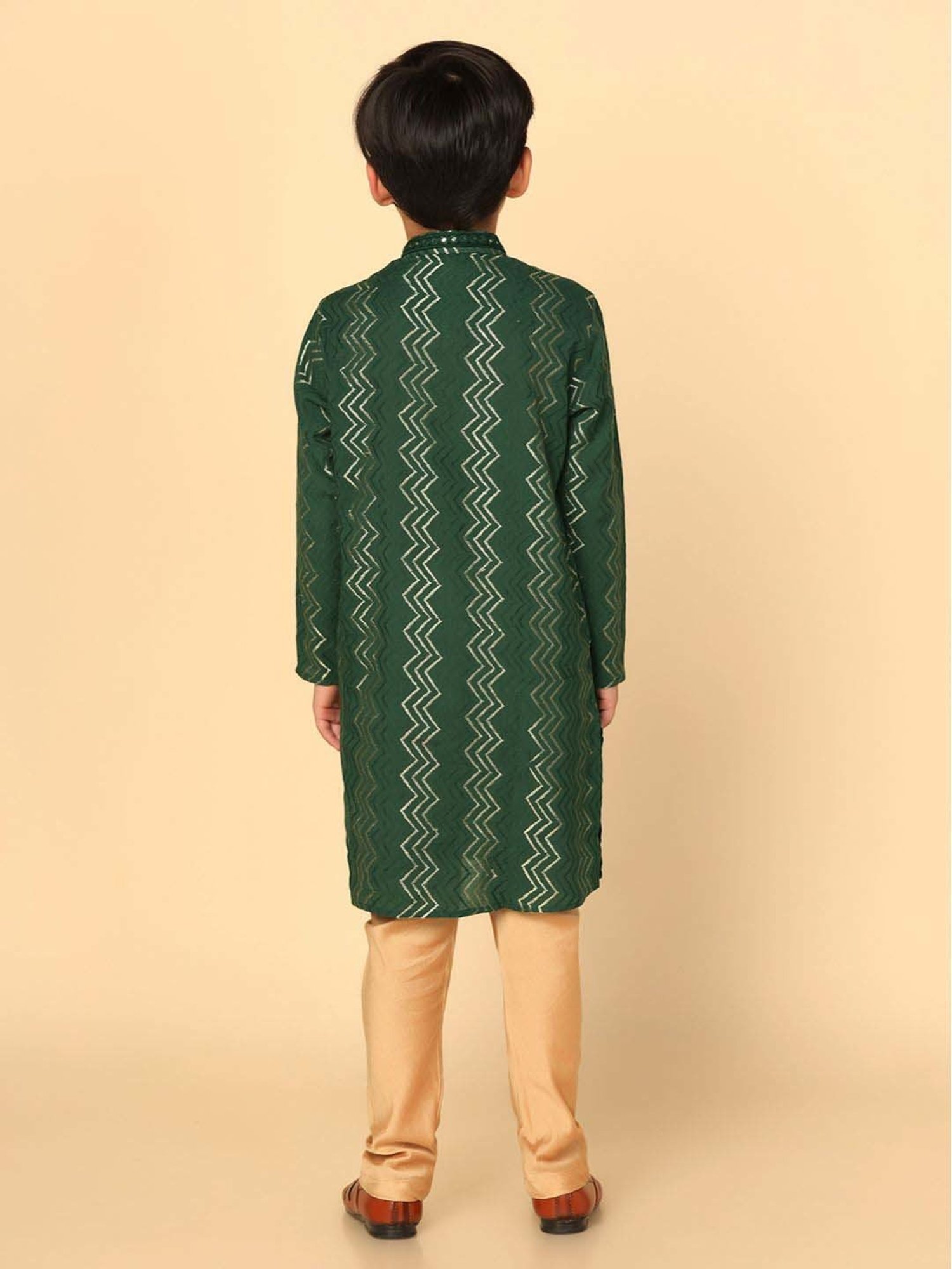 KISAH Kids Green & Golden Embroidered Full Sleeves Kurta Set