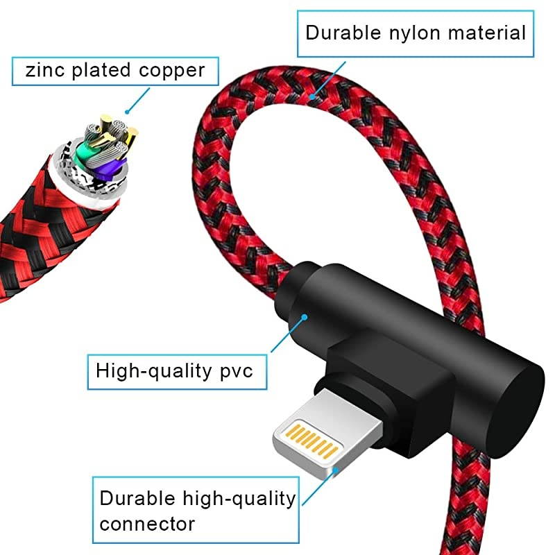 Degree Lightning Cable 10 FT Right Angle 3 Pack iPhone Charger Cable Charging and Syncing Cord Extra Long Nylon Braided for iPhoneiPad Red Black10Foot