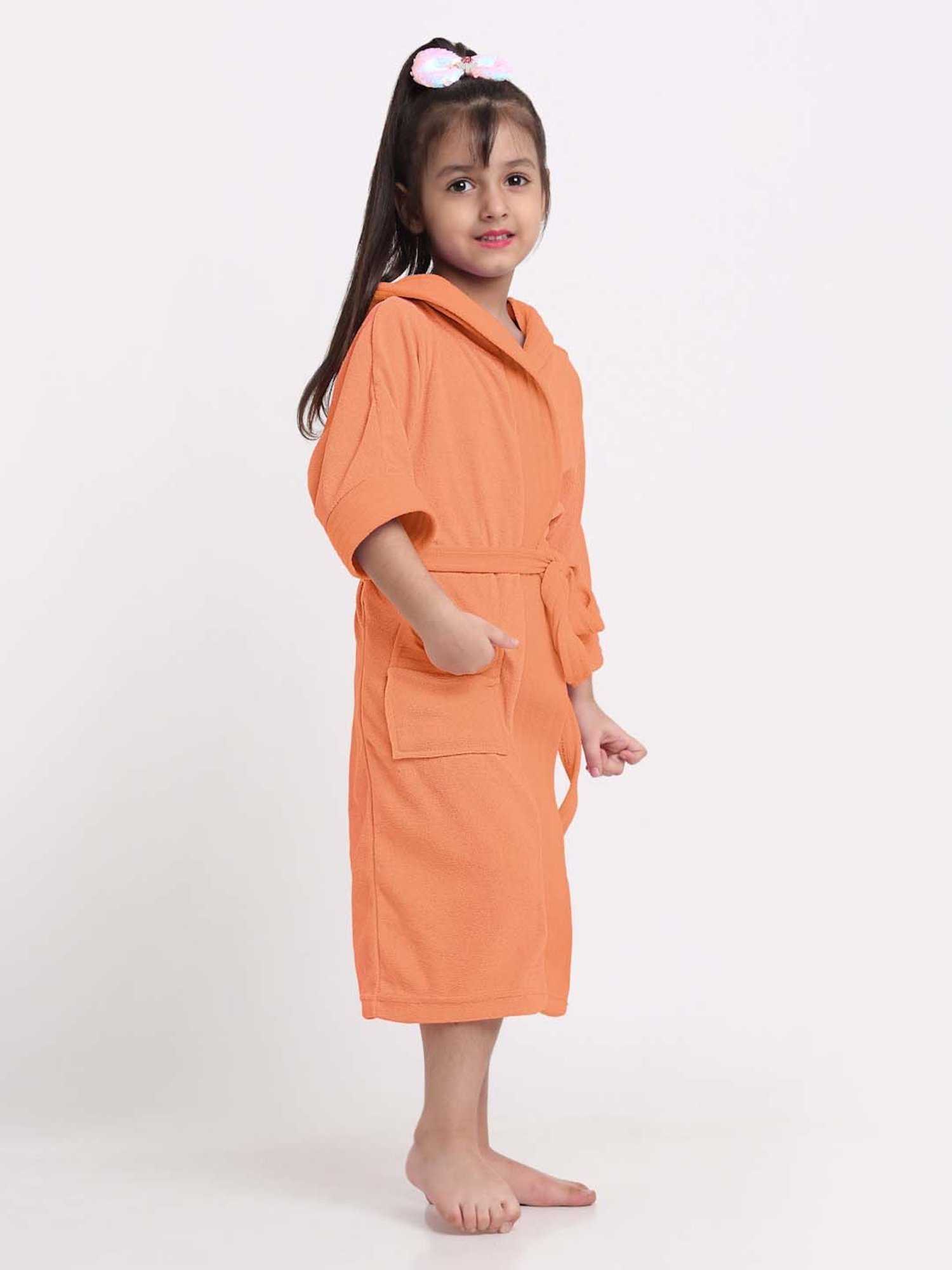 Creeva Melodious Orange Micro Terry 225 GSM Kids Hooded Bathrobe 14-15 Years With Pocket