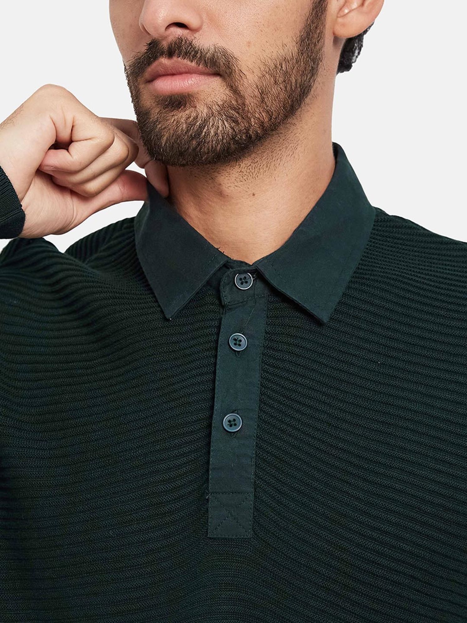 METTLE Mountain Green Regular Fit Self Design Polo Neck Sweater