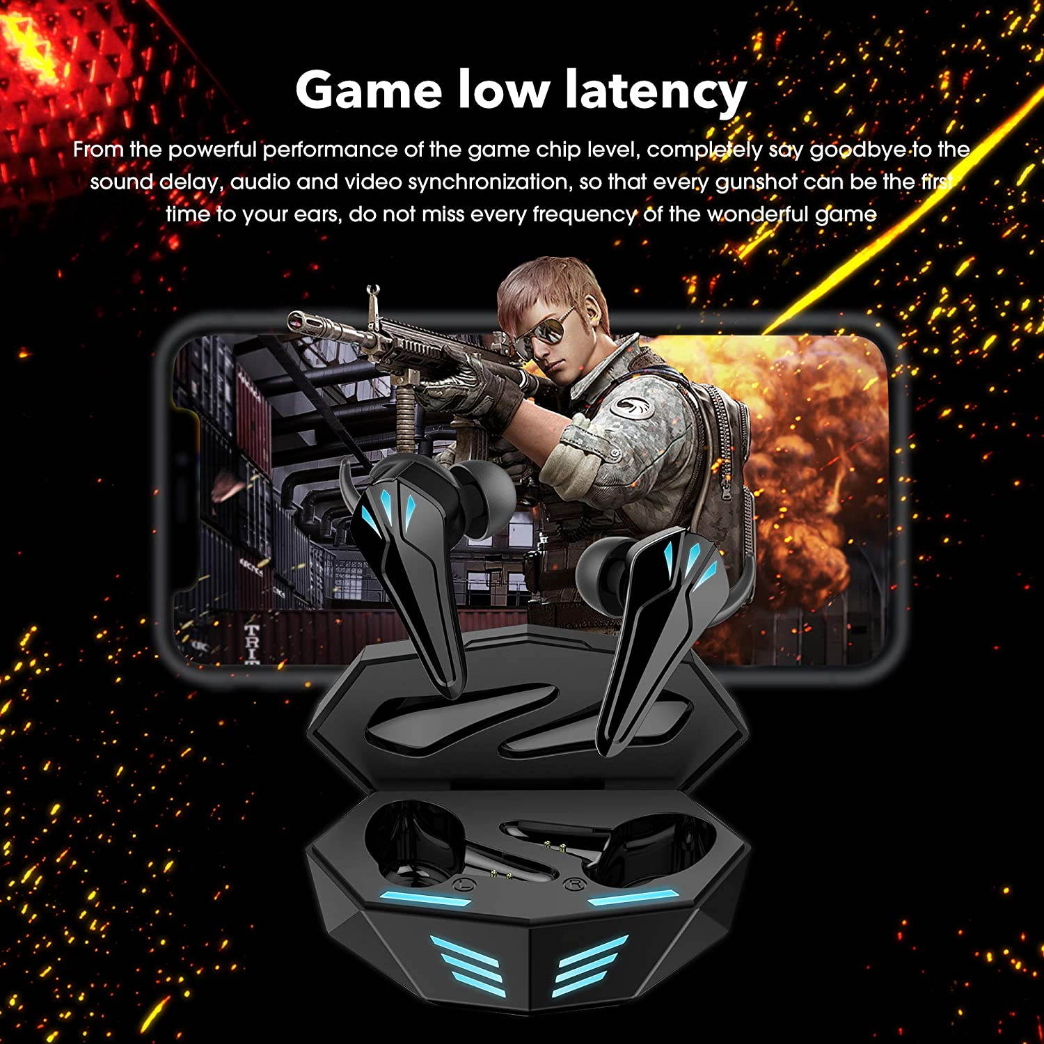 Gaming Earbuds TWS Earbuds True Wireless Earphone with Mic, Low-Latency Gaming Headset, 3D Surround Stereo TWS Bluetooth Headphone for PC Mobile Gamers (Black)