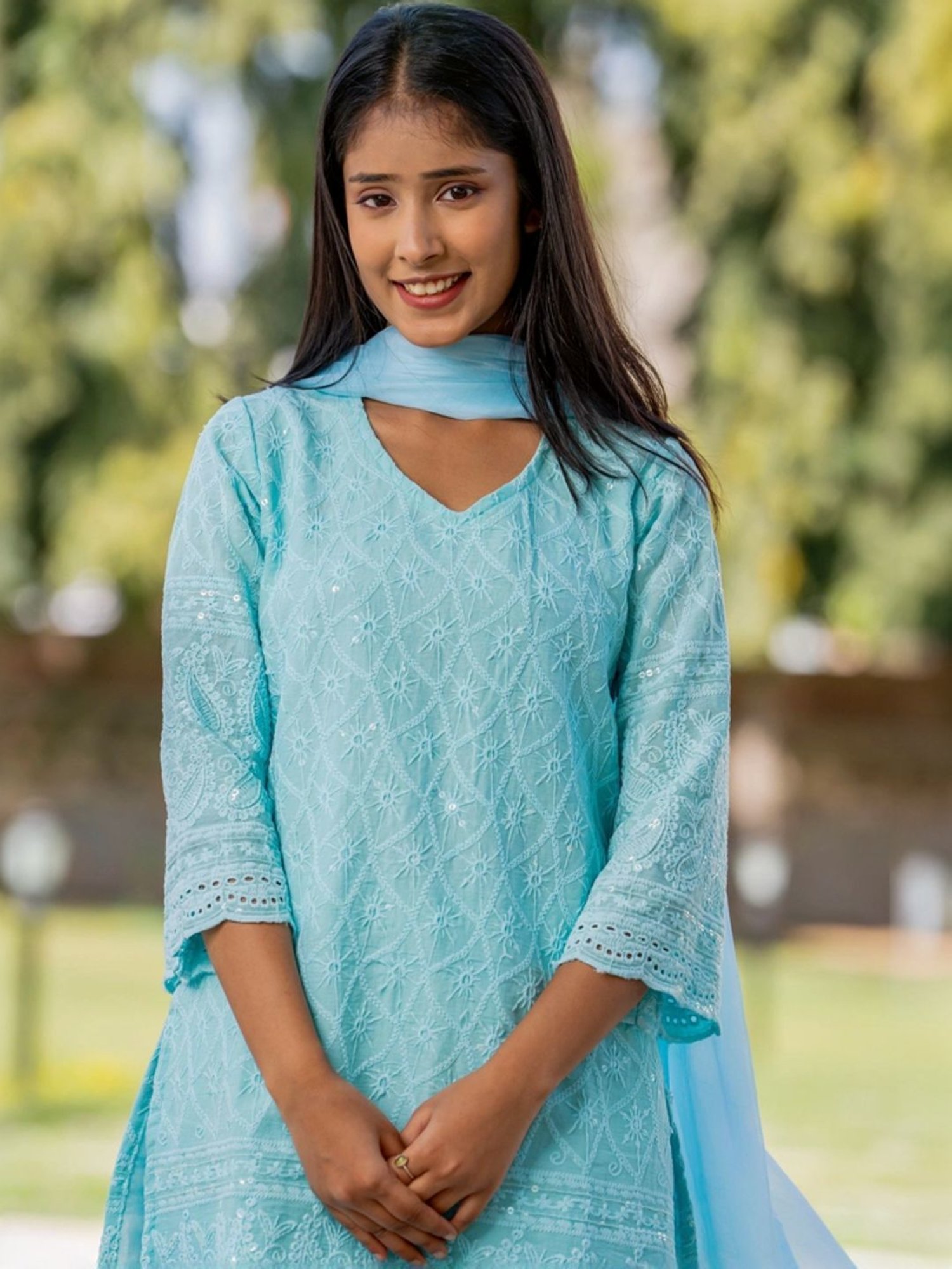 HOUSE OF JAMOTI Blue Cotton Embroidered Kurta Pant Set With Dupatta