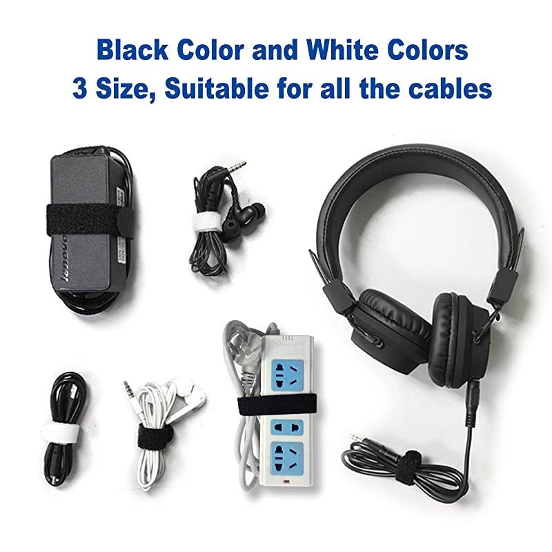 50 Pack Fastening Cable Straps Reusable Cord Organizer Keeper Holder Cable Ties for Earphones Earbuds Headphones Home Office Tablet PC TV Wire Management 3 Size Black and White