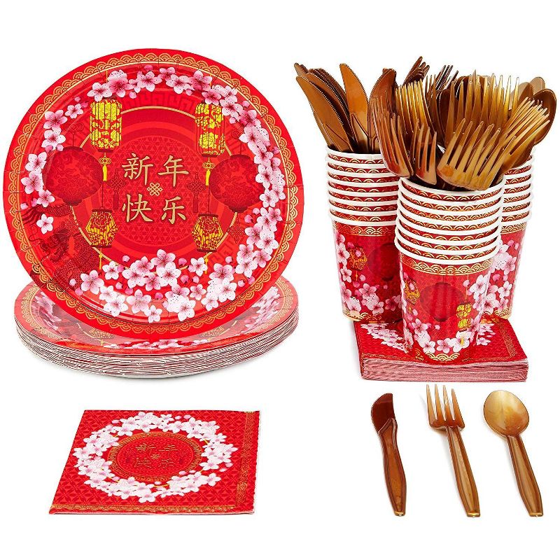 Sparkle and Bash 144 Piece Chinese New Year Disposable Party Supplies Serves 24 - Plate, Napkin, Cup & Cutlery