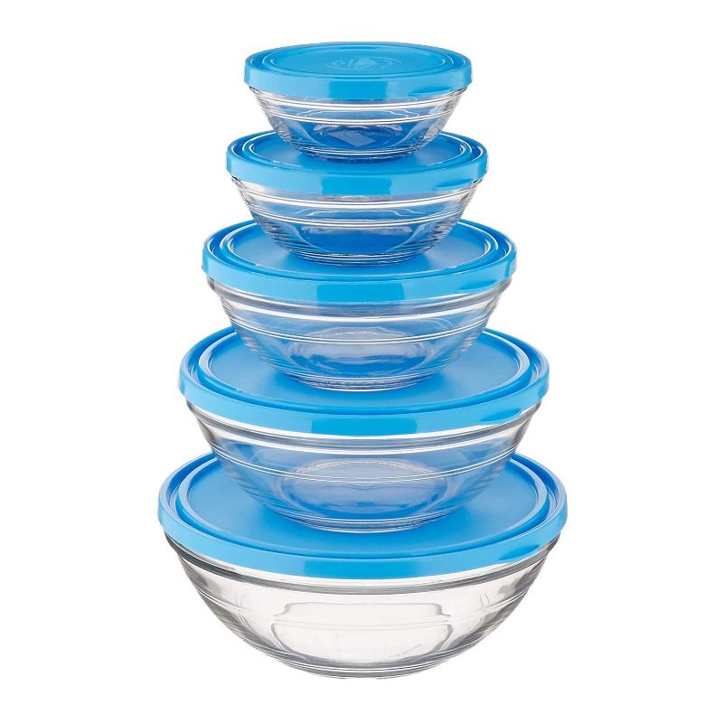 Duralex Lys 5 Piece Round Stackable Reusable Portable Tempered Glass Bowl Storage Organizer Containers with Lids