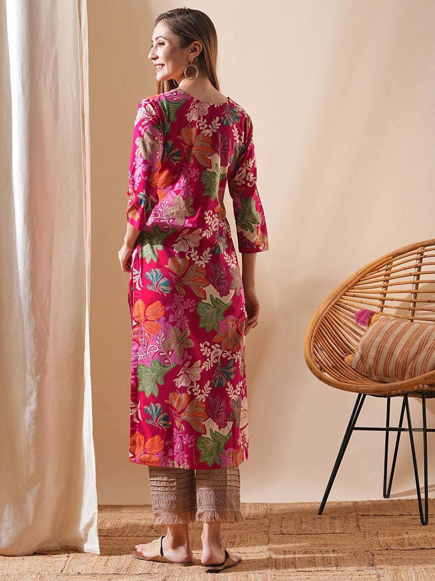 Fashor Pink Cotton Printed Straight Kurta