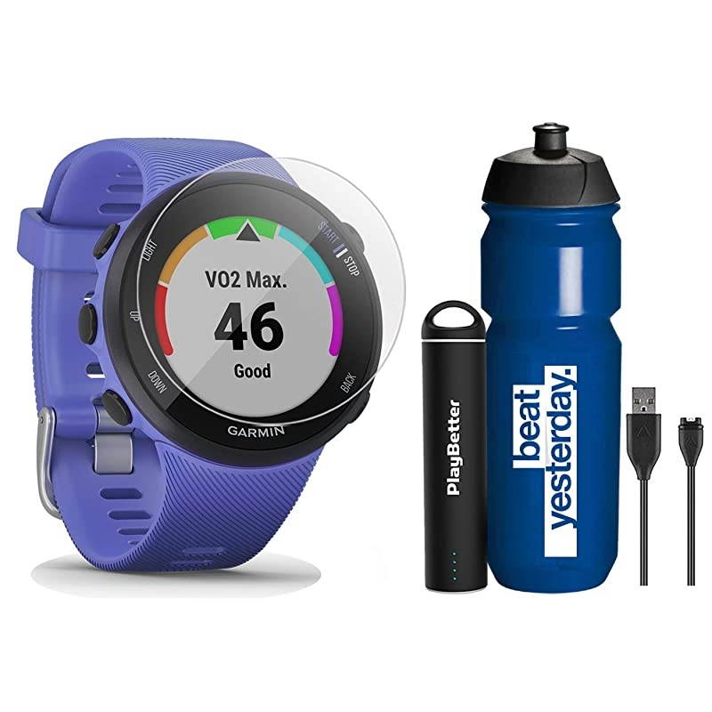 Forerunner 45S GPS Running Watch Runners Bundle | Includes Water Bottle, Portable Charger & Screen Protectors | Heart Rate Watch | Pace, Distance, Stress Tracking | Iris, 010-02156-01