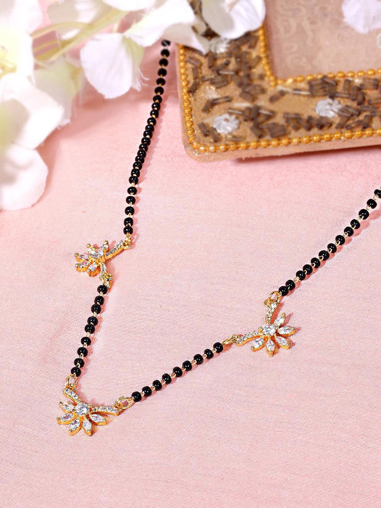 Abdesigns Gold-Plated Black Beaded American Diamond Mangalsutra