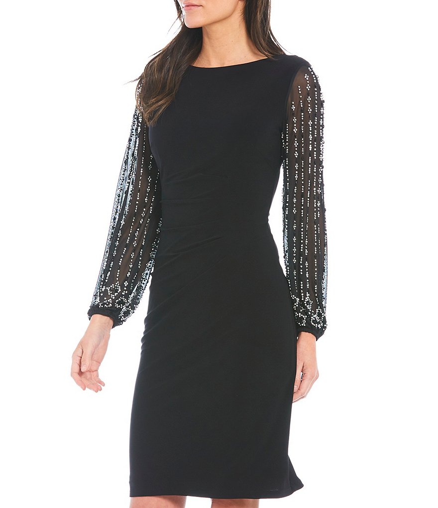 Marina Boat Neck Beaded Long Sleeve Side Drape Dress