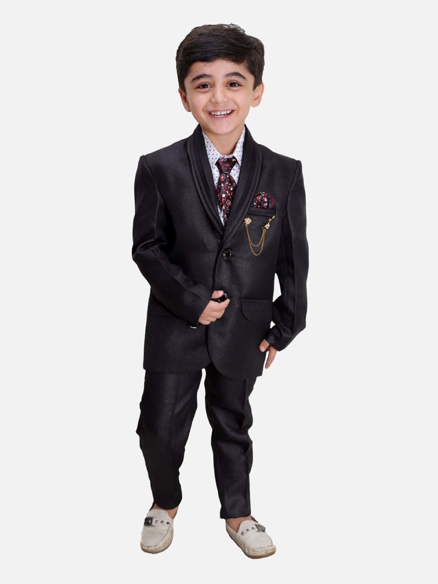 Fourfolds Boys Black & White Solid Full Sleeves Suit Set