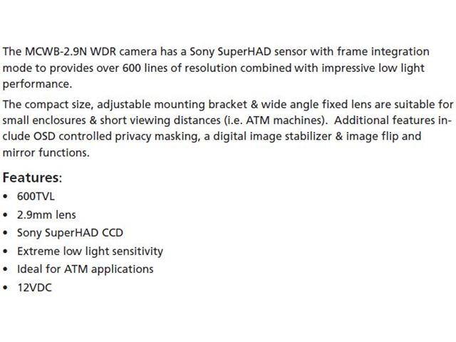 Computar Ganz High Quality CCTV Mini Camera MCWB-2.9N Compact Color ATM High Resolution Camera, Sony Super HAD 600TVL, 2.9mm Fixed Lens