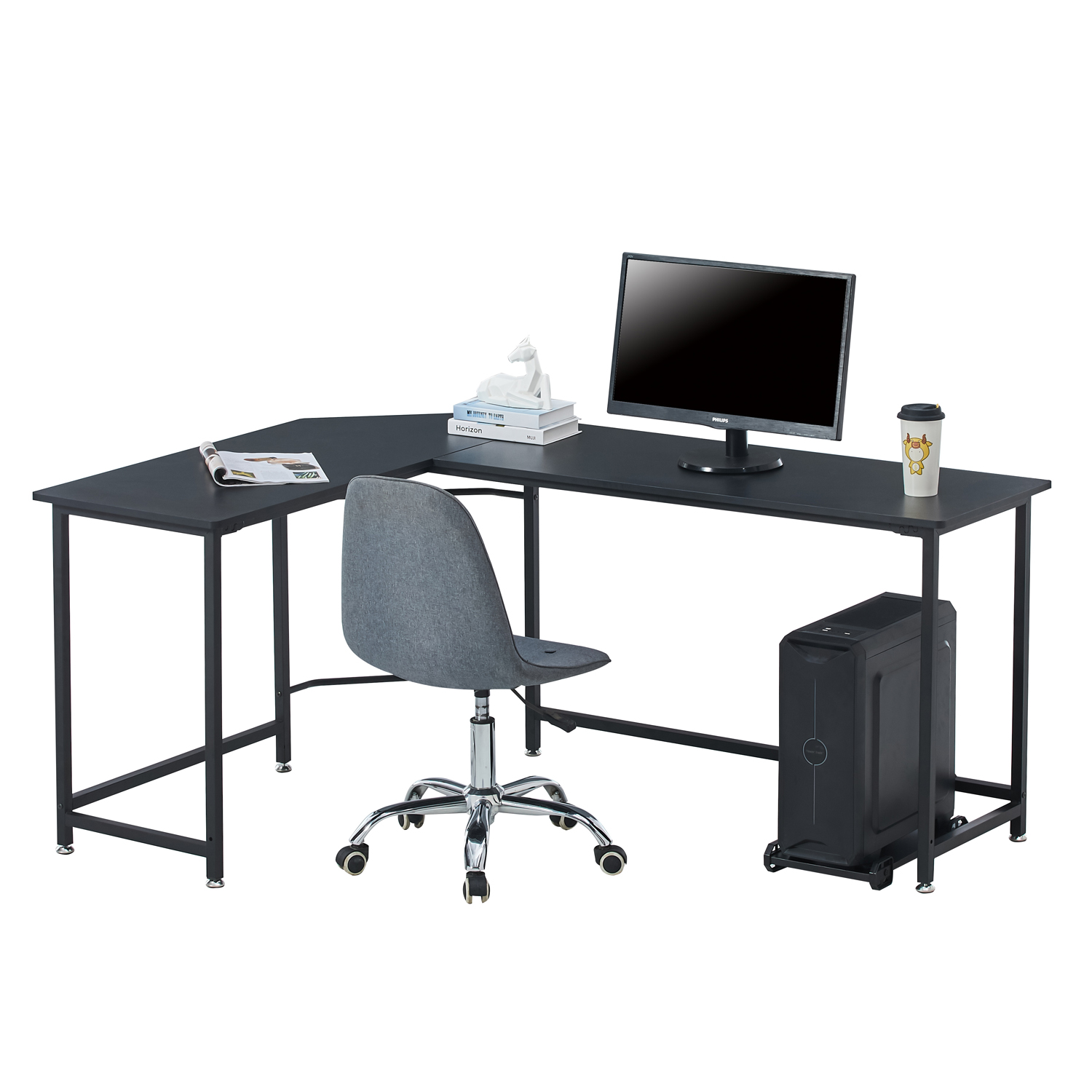 66'' L-shaped Desk Home Office Desk Computer Desk Gaming Desk Large Workstation with CPU Stand and Steel Structure