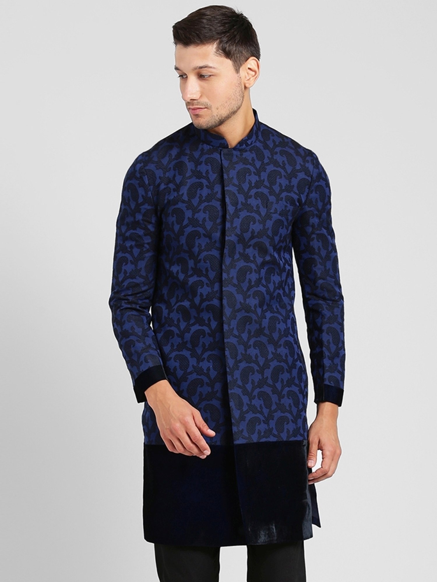 Kisah Navy Regular Fit Printed Sherwani Jacket