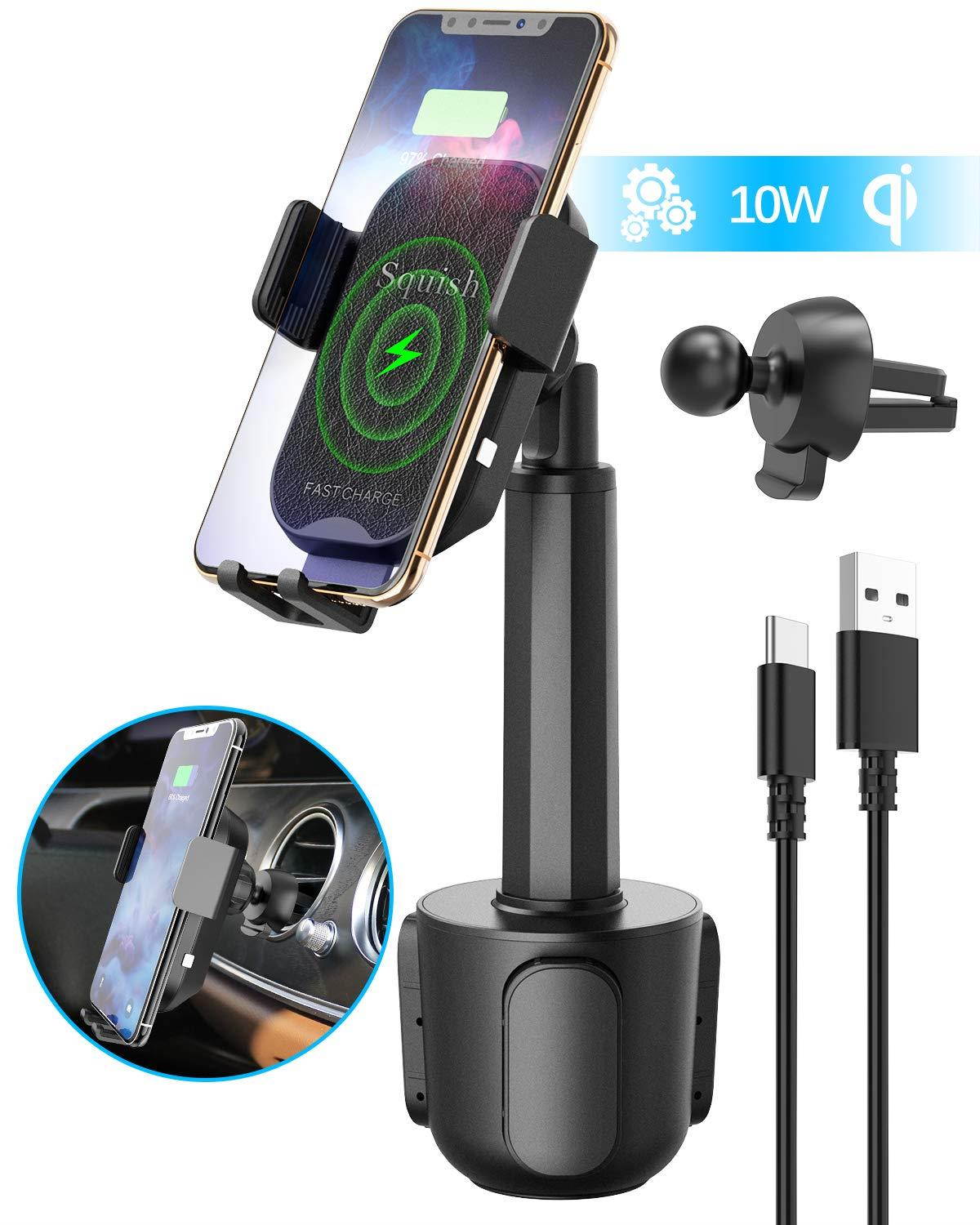 Wireless Car Charger, Squish 2-in-1 Universal Cell Phone Holder Cup Holder Phone Mount Car Air Vent Holder for iPhone, Samsung, Moto, Huawei, Nokia, LG, Smartphones (7.6 inches)