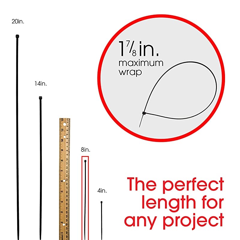 Black 18174 Cable Ties 100-Pack Nylon Plastic Zip Tie, 1 7/8-Inch Maximum Diameter, Durable, Self-Locking, 8 Inch