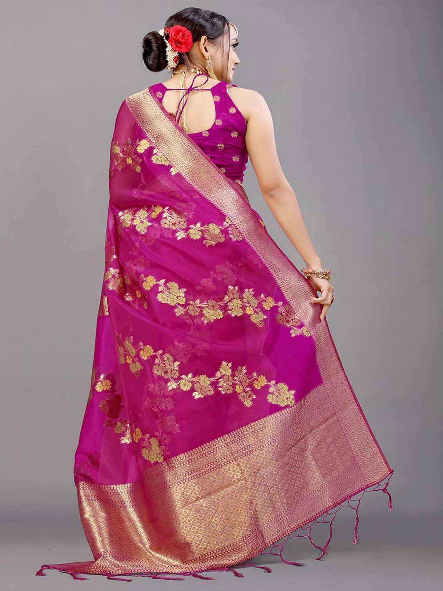 SHUBHKALA Pink Silk Woven Saree With Unstitched Blouse
