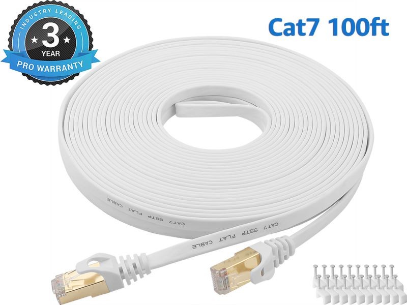 Cat 7 Ethernet Cable 100 ft LAN Cable Internet Network Cord for PS4, Xbox, Router, Modem, Gaming, White Flat Shielded 10 Gigabit RJ45 High Speed Computer Patch Wire.