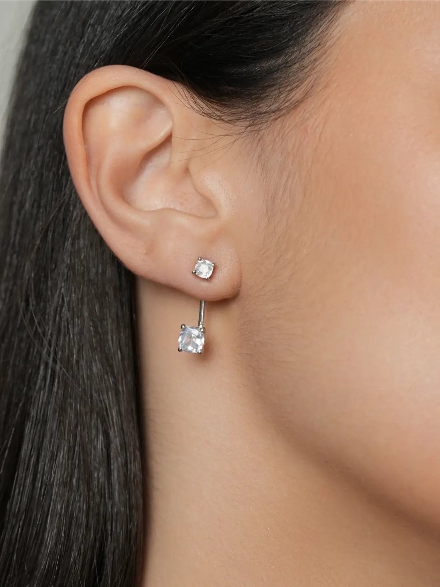 Mabel 92.5 Sterling Silver Dual Square Solitaire Drop Earrings for Women