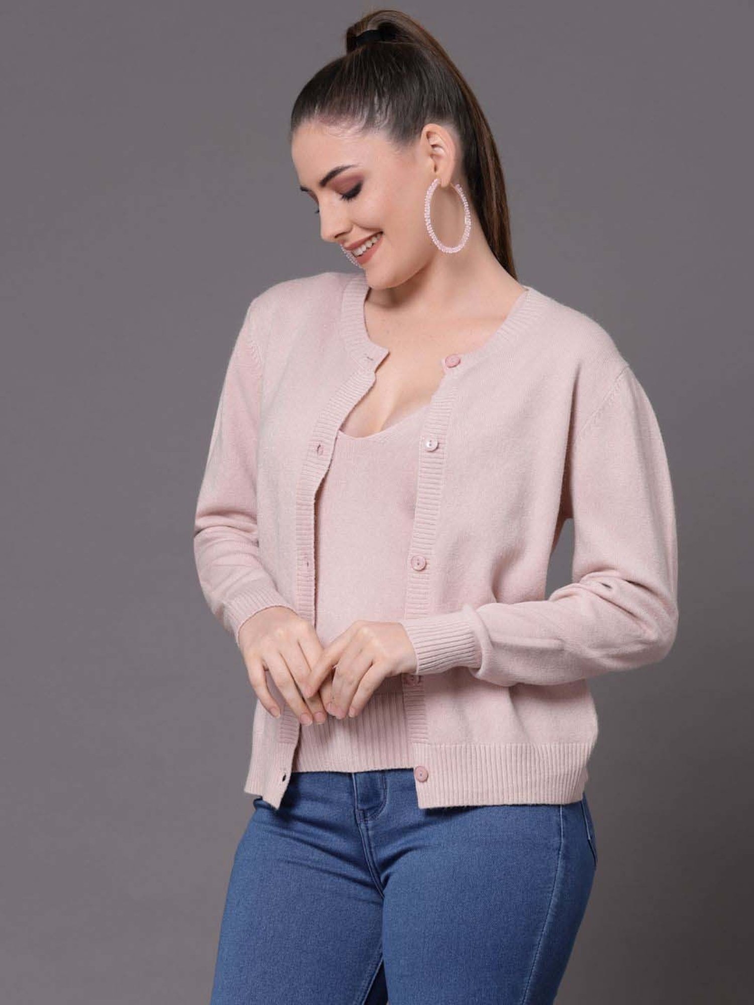 Mafadeny Pink Plain Cardigan With Slip
