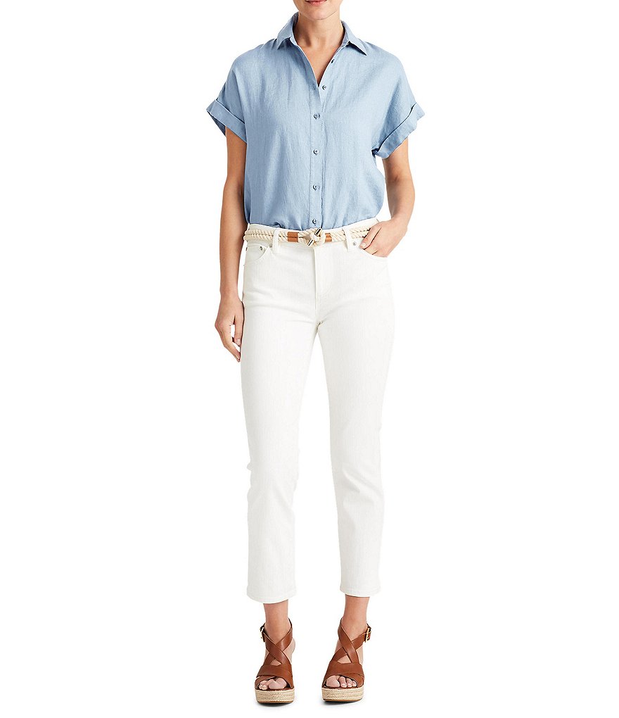 Lauren Ralph Lauren Linen Point Collar Neck Dolman Short Cap Sleeve Shirt