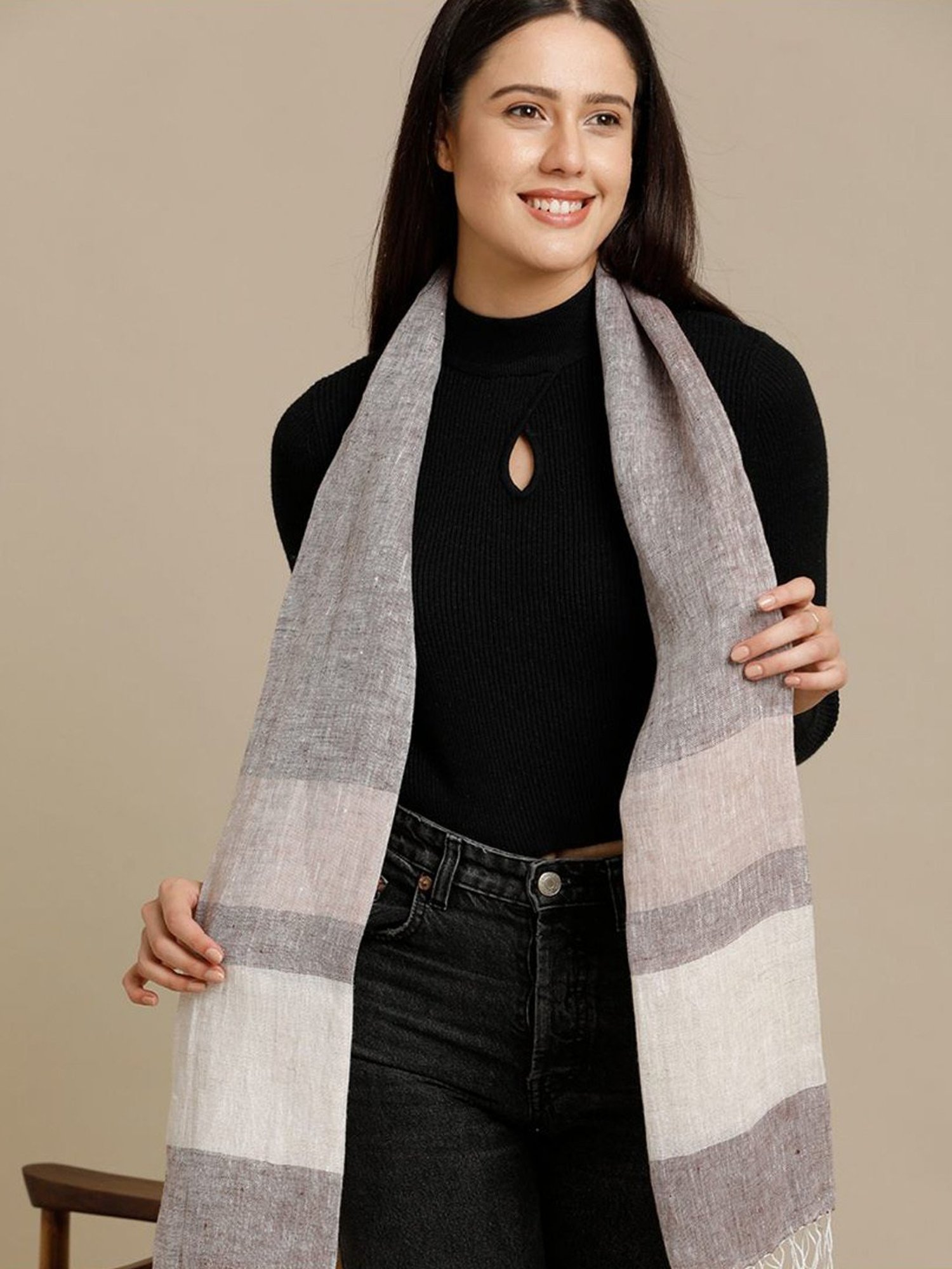 Linen Club Beige Striped Pure Linen Stole