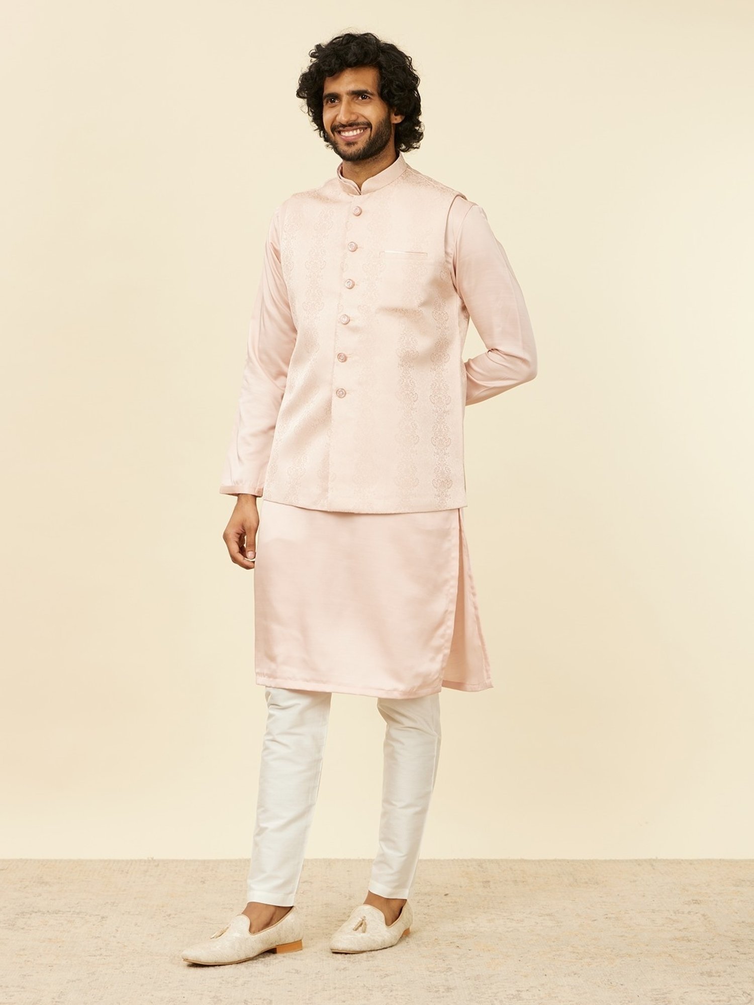 Manyavar Pink Regular Fit Jacquard Nehru Jacket
