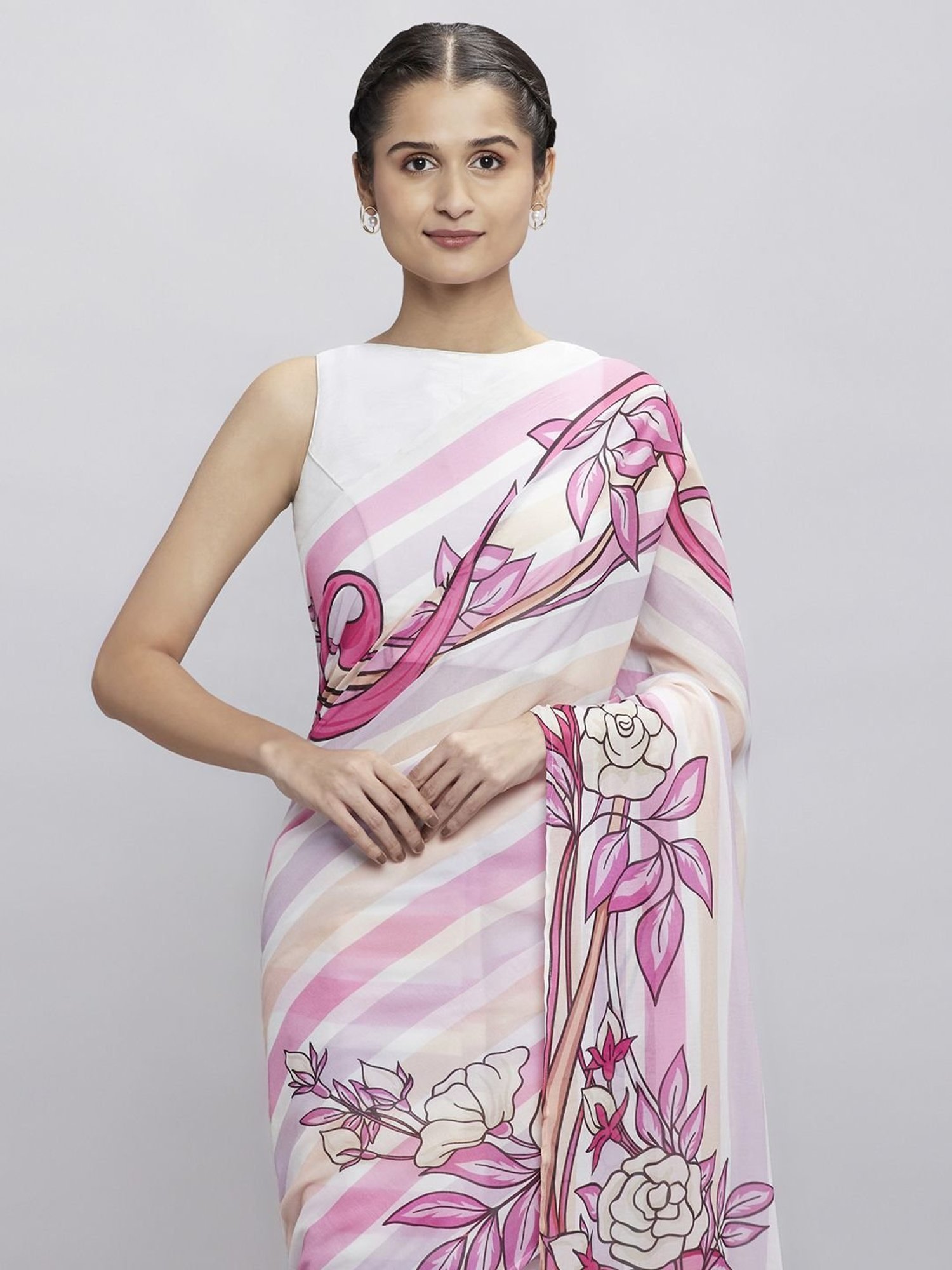 navyasa by liva Pink Rose Printed Saree With Unstitched Blouse