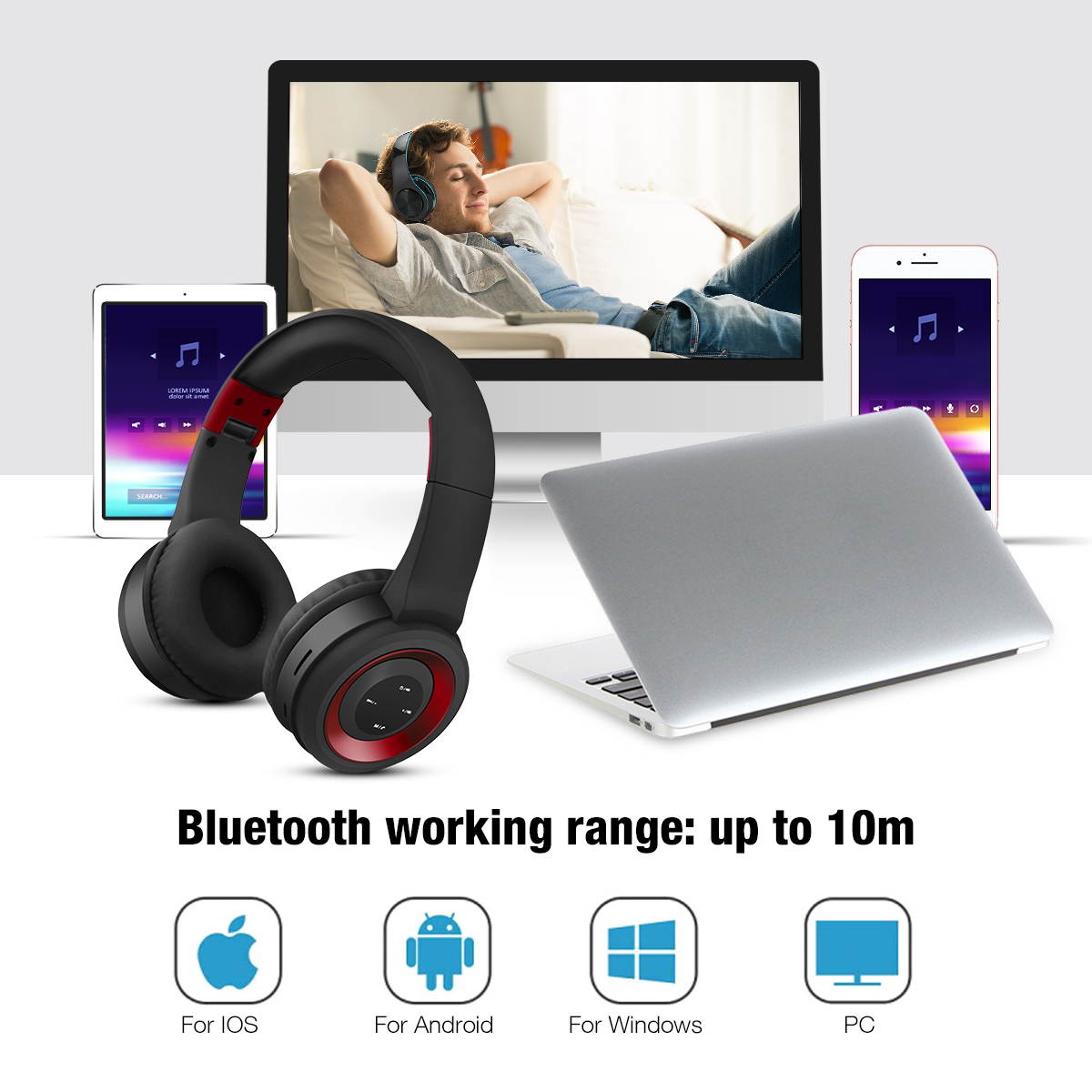 Wireless Bluetooth Headphones over Ear Stereo Super Bass Built-in Mic Foldable Headset Earphone for PC, Smart Phone, Tablet, Speakers